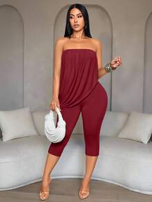 SOLERSUN Mono Capri Ajustado con Hombros Descubiertos, Drapeado y Fruncido para Mujer, Conjunto Casual de Verano 2 en 1 para Salir, Mono Asimétrico con Hombros Descubiertos y Drapeado de Verano Y2K para Mujer, Conjunto de 2 Piezas de Pantalones Capri Ajustados para Club, Fiesta y Vacaciones, Mono de Verano 2025 para Mujer con Hombros Descubiertos, Fruncido, Drapeado y Bajo Asimétrico, Conjunto Casual de Pantalones Capri Ajustados para Salir - Rojo - View 8