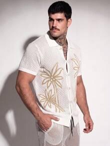 DSELFIQUE Men's Summer Casual Vacation Coconut Tree Pattern Front Button Hollow Knit Top, Holiday - White - View 3
