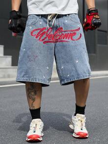 Manfinity EMRG Shorts vaqueros azules casuales con bordado y cordón en la cintura estilo urbano para hombre - Lavado ligero - Ver 6
