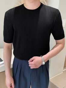 DAZY 男士黑色修身純色通勤針織短袖上衣 - 黑色 - 查看 5