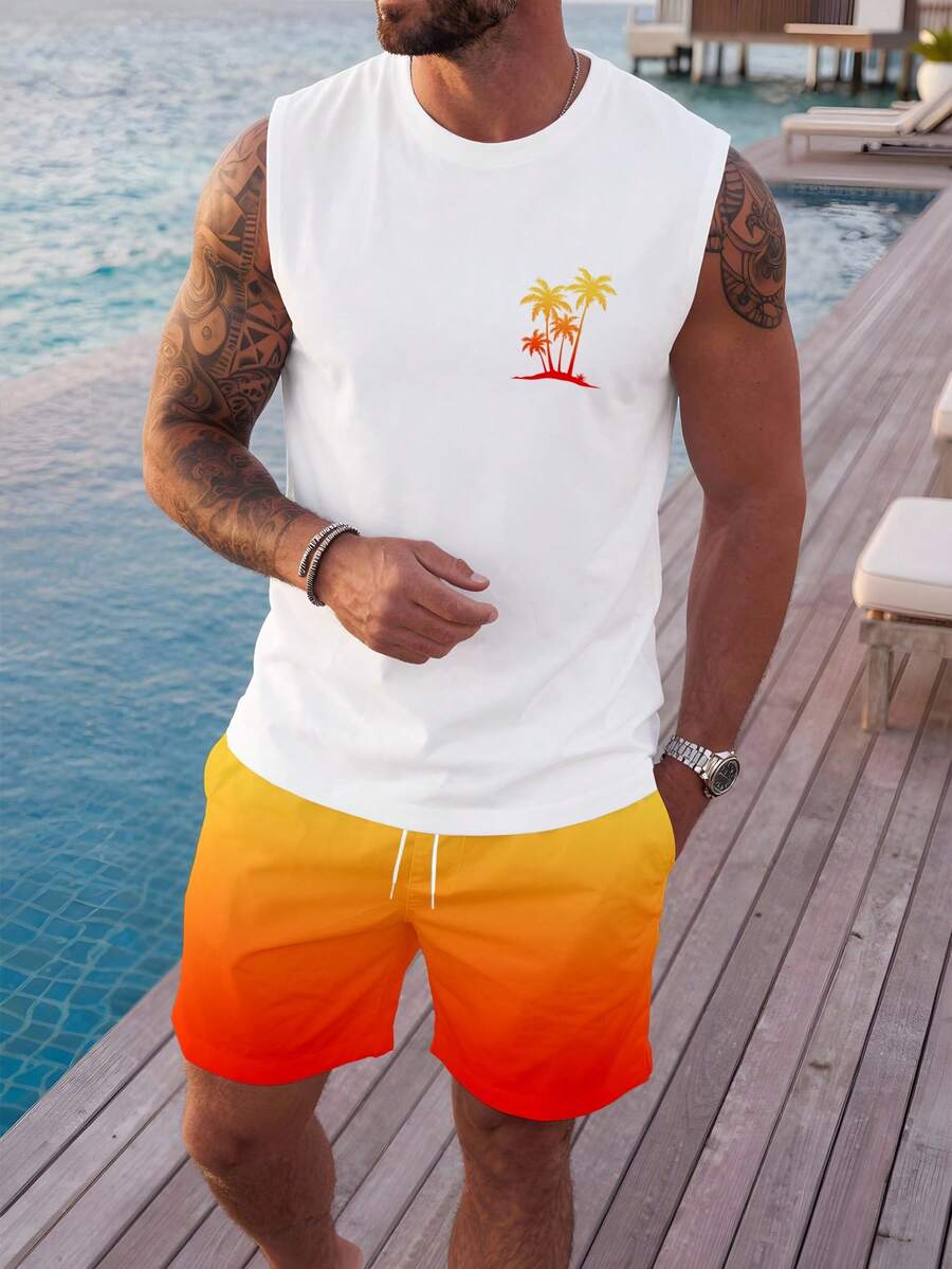 Torvinic Island Vacation Style Palm Tree Sunset Gradient Fashion Casual Print Men's Standard Fit Tank Top Set - White - View 1
