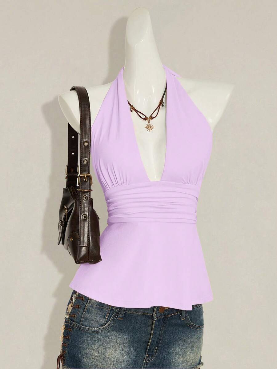 SHEIN ICON Halloween Women's Halter Backless Lavender Babydoll Tank Top Beach Vacation Summer Tropical - Mauve Purple - View 1