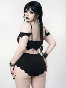 ROMWE Plus Size Women's Sexy Gothic Style Halter Bikini Set, Spring/Summer - Black - View 2