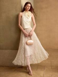 MOTF PREMIUM SPRING/SUMMER WOMEN'S HALTER NECK 3D FLORAL LACE EMBROIDERED ETHEREAL TOP WEDDING PARTY CREAM WHITE ROMANTIC ELEGANT - Apricot - View 3
