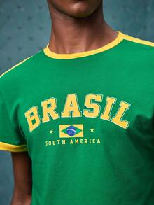 EVRINFINITE Men's Letter Print Color Block Crew Neck T-Shirt, Summer, School Brasil World Cup Soccer 2026, Couple Matching Outfit Vacation. - Green - View 6