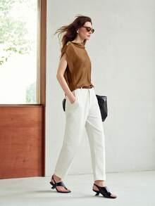MOTF PREMIUM WOMEN'S SUMMER FASHION COMMUTE MINIMALIST SOLID COLOR ASYMMETRICAL NECKLINE BATWING SLEEVE LOOSE FIT T-SHIRT - Coffee Brown - View 3