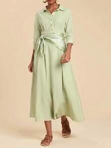 Travachic Women's Solid Color Long Sleeve Button Half-Placket Shirt Dress Teachers' Day Brunch Picnic Party Tea Party Sage Green Fall Casual French Elegant - Green - View 3
