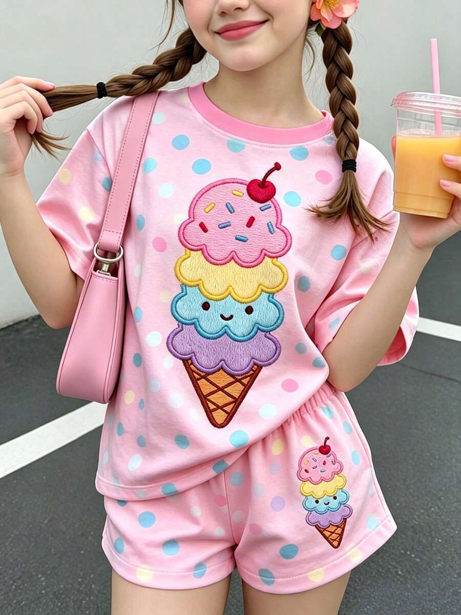 少女休閒極簡可愛夏季冰淇淋圖案,彩色波點印花,甜奶油風,度假風,短袖短褲兩件套,適合夏季,圖案,舒適,女孩套裝,Y2K,Kawaii - 彩色 - 查看 1