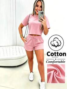 EMERY ROSE Conjunto de 2 piezas para mujer con camiseta corta de cuello redondo de unicolor y pantalones cortos con cordón en la cintura y bolsillos - Rosa - Ver 1