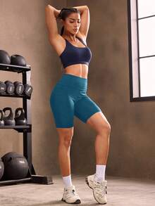 Powerista Solid Color High Waist Seamless Athletic Shorts - Blue - View 6