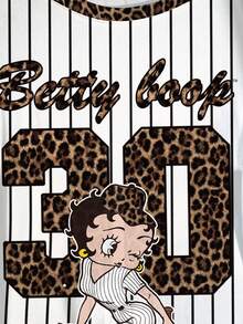 Betty Boop x SHEIN 大尺碼女款豹紋字母圖案圓領短袖休閒寬鬆版型T恤 - 白色 - 查看 5