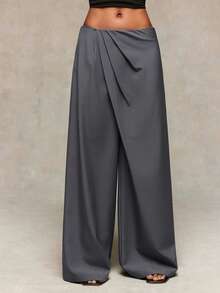 Normani Women's Solid Color Pleated Straight Leg Loose Casual Elegant Long Pants Work Gray Autumn - Grey - View 6