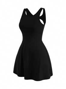 Cheerettes Women's Solid Black Minimalist Pleated Athleisure Sports Dress And Shorts Set, All Season Athletic Modest Style For Gym Tennis Workout & Going Out - Black - View 17