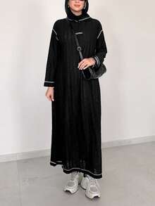 Solavon Hooded Contrast Stitching Letter Long Sweatshirt Dress - Black - View 4