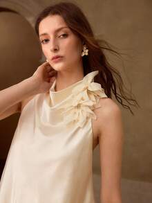 MOTF PREMIUM SPRING/SUMMER WOMEN'S HALTER NECK 3D FLORAL LACE EMBROIDERED ETHEREAL TOP WEDDING PARTY CREAM WHITE ROMANTIC ELEGANT - Apricot - View 4