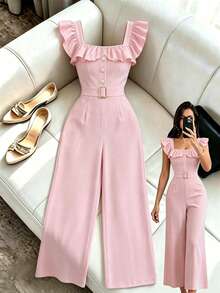 Elenzga Bộ đồ liền thân thắt lưng giả cổ vuông phối bèo nhún mới cho nữ, bộ đồ liền thân cạp cao thanh lịch, thoải mái khi đi làm hàng ngày - Hồng - Xem 1