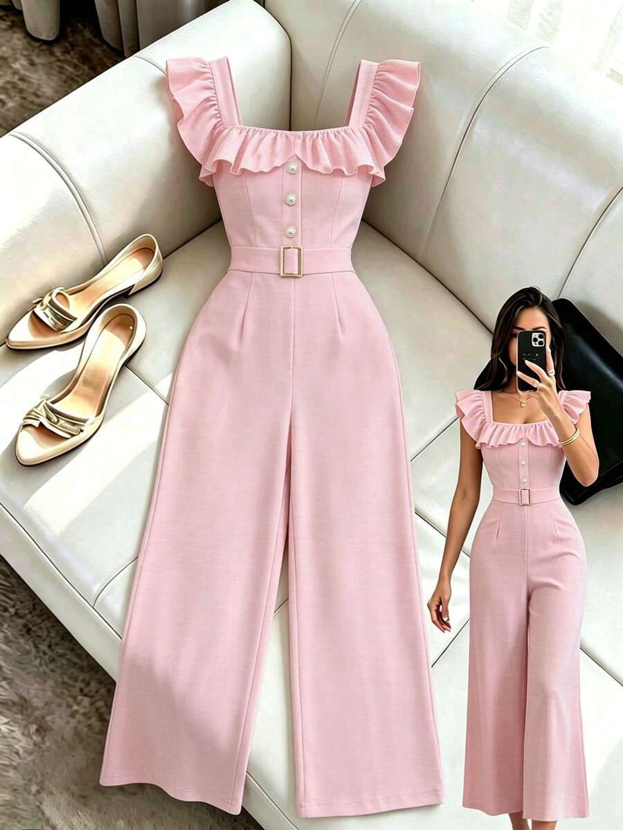 Elenzga Bộ đồ liền thân thắt lưng giả cổ vuông phối bèo nhún mới cho nữ, bộ đồ liền thân cạp cao thanh lịch, thoải mái khi đi làm hàng ngày - Hồng - Xem 1