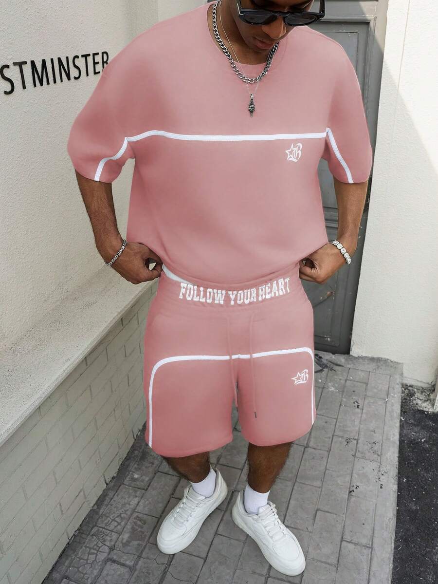 PAVTROS Young Street Style, Ribbon Design, Gothic Letter Print Grey Men's T-Shirt Set Football - Pink - View 1