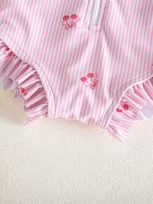SHEIN Newborn Striped Cherry Print One-Piece Swimsuit - Baby Pink - View 8