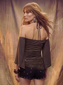 Fembélia Women's Cold Shoulder Ruched Lace Patchwork Fitted Versatile Top Vacation All Brown And Yellow Summer Boho Bohemian 2016 Vacay - Brown - View 3