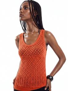 SHEIN Women's Solid Color Casual Versatile Daily Wear Knit Sleeveless Top - Orange - View 3