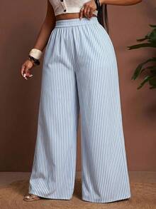 Slaydiva Plus Size Casual Striped Wide Leg Pants For Vacation Fall - Multicolor - View 5