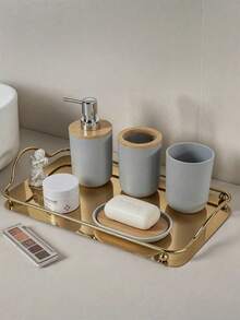 4Pcs Luxury Bathroom Accessory Set, Bamboo & Plastic Organizer With Lotion Bottle, Toothbrush Holder, Mouth Cup & Soap Dish, Ideal For Home Decor, Birthday, Housewarming & Holiday Gifts - multicolor - View 6