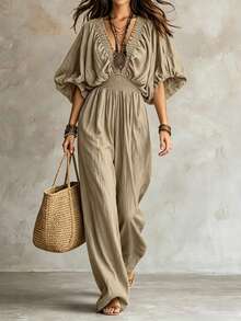 SHEIN Holidaya Ropa de verano, mono con mangas abullonadas fruncidas, cintura fruncida, cuello fruncido, cintura ceñida, pierna ancha, mono marrón, atuendo de vacaciones de verano, adecuado para vacaciones, top elegante, atuendo para salir, atuendo de playa para mujer, top elegante para mujer, atuendo de playa, adecuado para vacaciones, atuendo para salir, atuendo de vacaciones, atuendo de oficina para mujer, oficina de negocios - Caqui - Ver 2