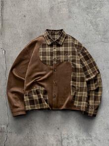 AXEPEAK 男士拼接格紋長袖單排扣休閒襯衫 - 彩色 - 查看 5