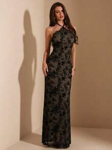 SHEIN BAE Spring/Summer Women's Black Flocked Halter Neck Lace Trim Knit Mermaid Dress, Black Dress, Flocked Lace Dress, Ball Gown, Elegant Dress, Women's Wedding Guest Dress - Black - View 6