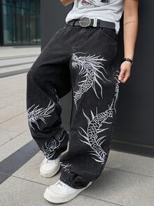 Manfinity EMRG 男士街頭風休閒刺繡黑色牛仔褲 - 黑色 - 查看 3