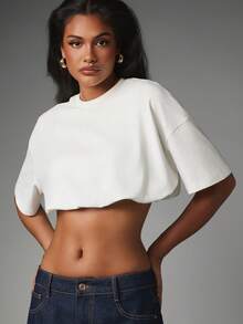 MISSGUIDED 寬鬆短版短袖圓領方正版型休閒夏季露腰上衣 - 白色 - 查看 4
