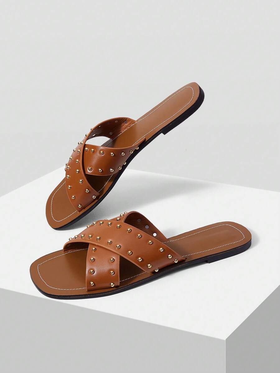 Mnmlis Women's Rivet Inlaid Simple Recreational Vehicle Line Design Flat Bottom Texture Flat Bottom Sandals - Brown - View 1