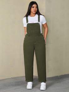 SHEIN ICON 大尺碼女款純色口袋休閒百搭日常牛仔連身褲 - 墨綠色 - 查看 5