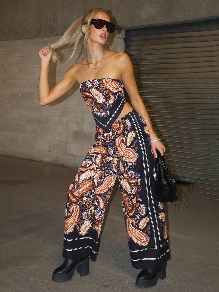 Brooke Lily Bohemian Cashew Paisley Print Strapless Crop Top With Asymmetrical Hem And Elastic Waist Loose Pants 2 Pieces Outfit Elegant Summer - Multicolor - View 1