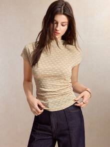 BizChic Apricot T-Shirt With Shoulder Sleeves And Diamond Pattern, Office Commute Business - Apricot - View 6