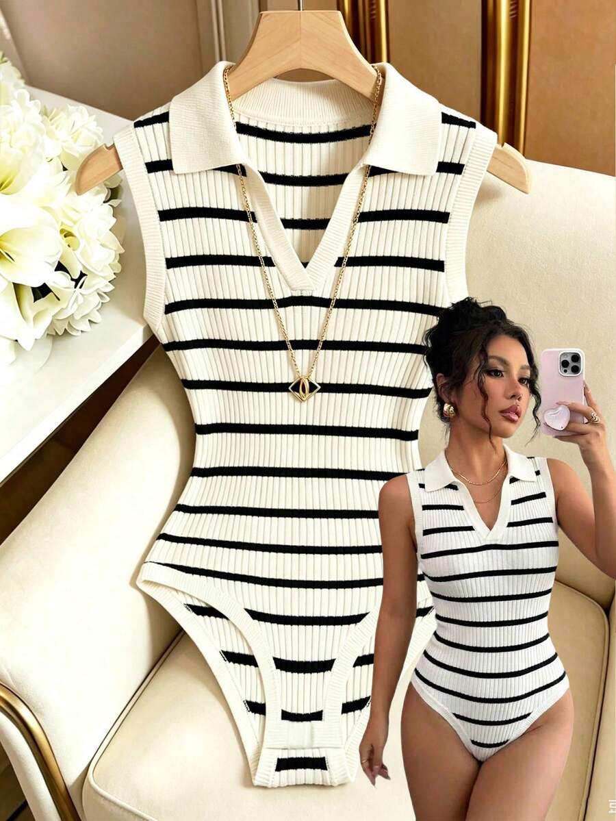 GlowEve Black And White Ribbed Polo Collar Ribbed Knit Fitted Versatile Bodysuit - Beige - View 1