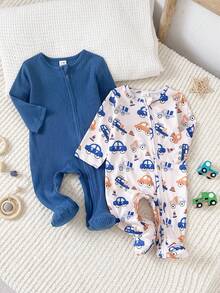 SHEIN Vintaside Kids 2件組四季新生兒居家服，灰藍色羅紋棉布，可愛淺杏色小車印花連身連腳連帽衣 - 藍色 - 查看 3