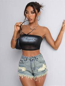 SHEIN PETITE Summer Casual Streetwear Washed Distressed Denim Shorts Vacation Light Blue - Light Wash - View 3