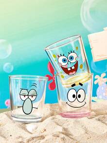 SpongeBob SquarePants | SHEIN 卡通角色印花蘇打石灰玻璃杯 11.50oz/340ml 單入裝 飲用水杯，可愛臉部設計玻璃杯，適用於水、果汁與飲品 - 無色 - 查看 5