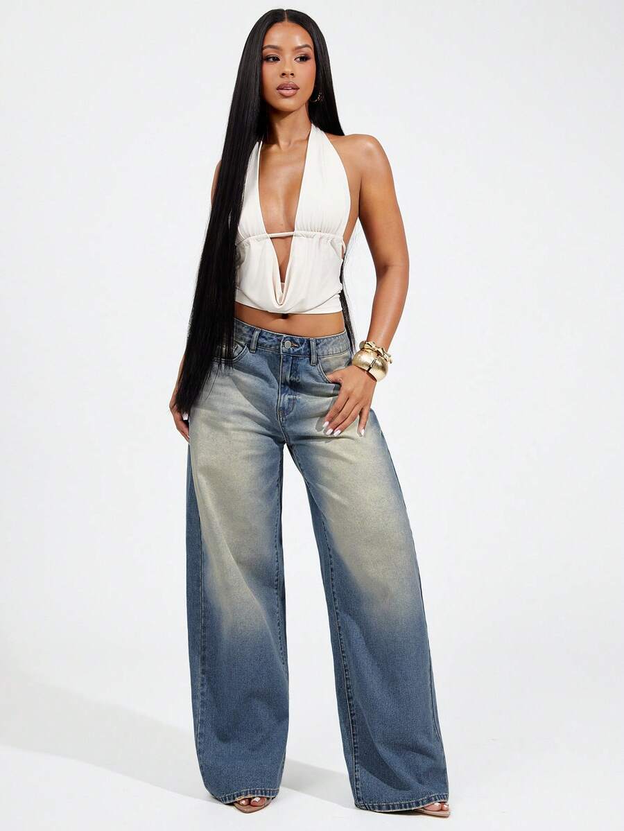 Denimoi Mid Rise Straight Leg Jeans Washed Denim Jeans Fashion Jeans Everyday Wear Flap Pocket Denim - Medium Wash - View 1