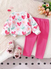 SHEIN Playful Pals 嬰兒幼兒休閒日常可愛運動衫套裝 粉色花卉印花俏皮上衣 針織內搭褲 女嬰秋季服飾 - 粉色 - 查看 2