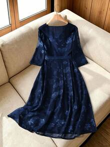 Rusticease Elegant Floral Print V-Neck Waist Knot Dress For Middle-Aged And Elderly Women - Navy Blue - View 2