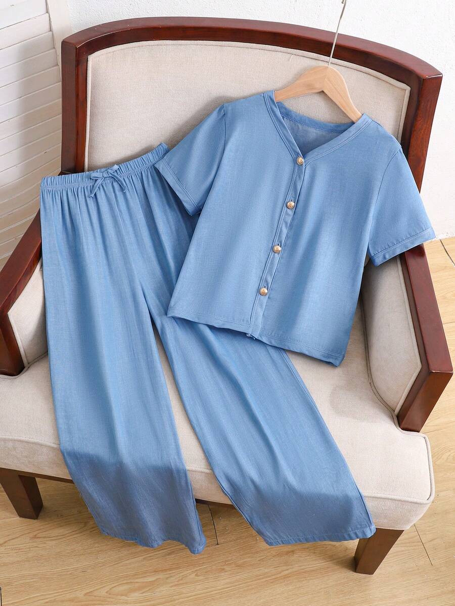SHEIN 2件組 青少女對比色V領短袖上衣與休閒長褲套裝 - 藍色 - 查看 1
