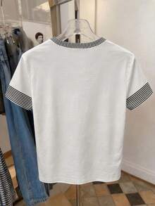 SHEIN LUNE Plus Size Solid White Black Stripe Trim Heart Print Crew Neck Short Sleeve Casual Basic T Shirt Women Summer - Multicolor - View 2