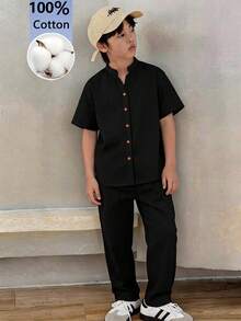 SHEIN 2件組青少年男孩寬鬆對比色圖案印花 Polo 領短袖針織上衣套裝，休閒風 - 黑色 - 查看 7