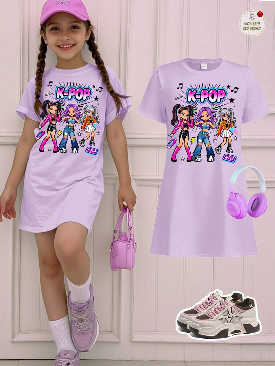 Vestido casual lindo minimalista de niña preadolescente, estilo K-Pop, color lila claro, con estampado de grupo de chicas de dibujos animados, manga corta, largo medio, para verano y escuela - Multicolor - Ver 1