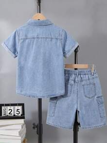 Tween Boys 2-Piece Set Fashion Casual Y2K Vintage Street Style Washed Light Blue Denim Short Sleeve Shirt And Multi-Pocket Cargo Shorts Outfit, Suitable For Daily Wear And Back To School Season - Light Wash - View 2