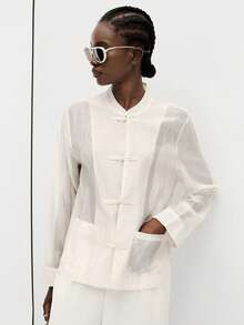 Aveloria Modichic Women's Satin Knot Button Shirt, Round Neck Long Sleeve With Cuffs, Chest Pocket, Straight Hem Top - White - View 7