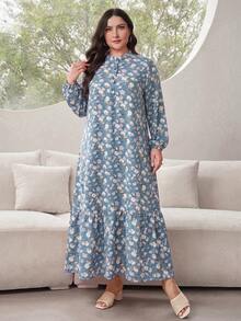 Al Najma 大尺碼女款花卉印花燈籠袖優雅洋裝 - 藍色 - 查看 6